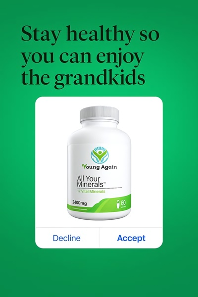 This static ad features a clear, benefit-driven headline centered on long-term health, positioned above a high-quality product render of Vital Minerals.